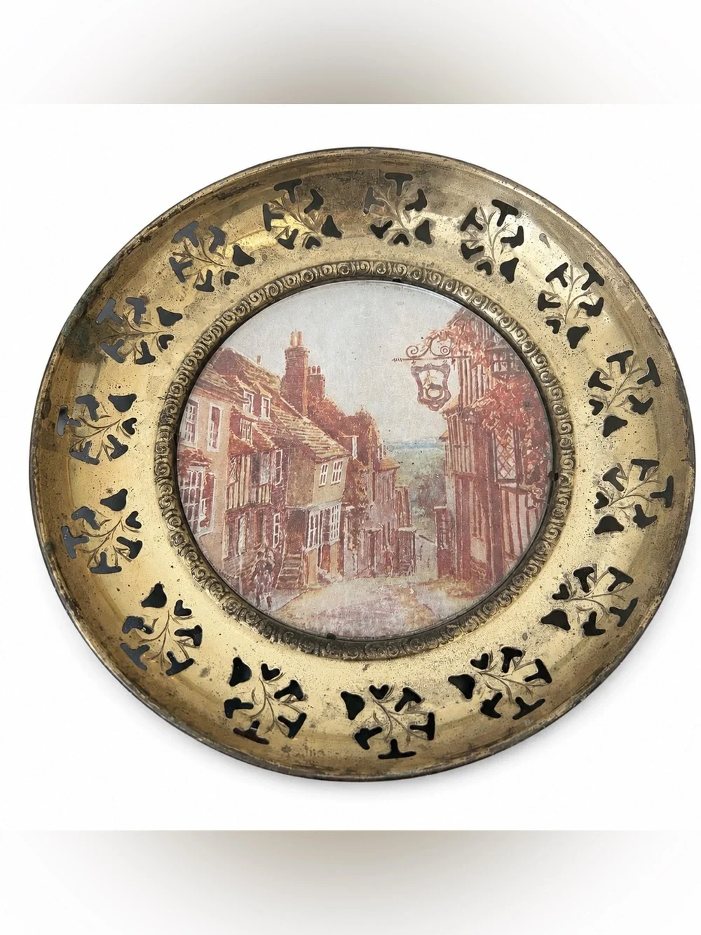 Lot of 2 Antique-Style Brass Round Plaques Made in England London Village Scenes